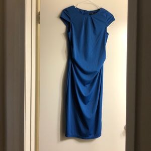 Short sleeved, mid length, blue dress
